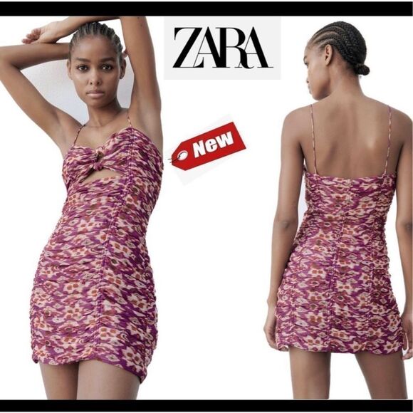 Zara spaghetti strap front knot ruched mini dress - Picture 3 of 15